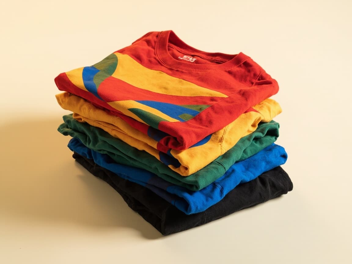 A stack of freshly printed custom AZTEAM t-shirts in bold colors